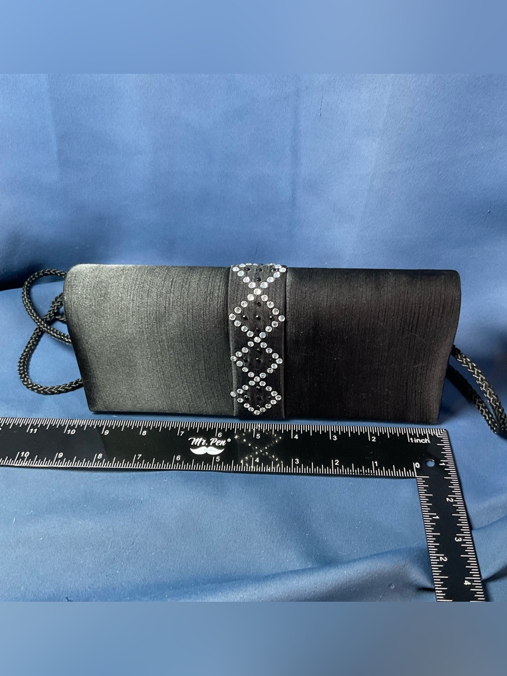 Black Satin Evening Clutch Purse Rhinestone Accent long Strap wedding Classic - Picture 6 of 8